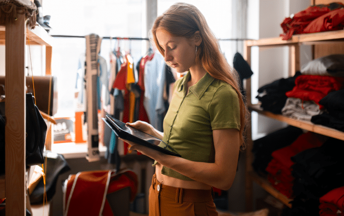chica con tablet en tienda de ropa