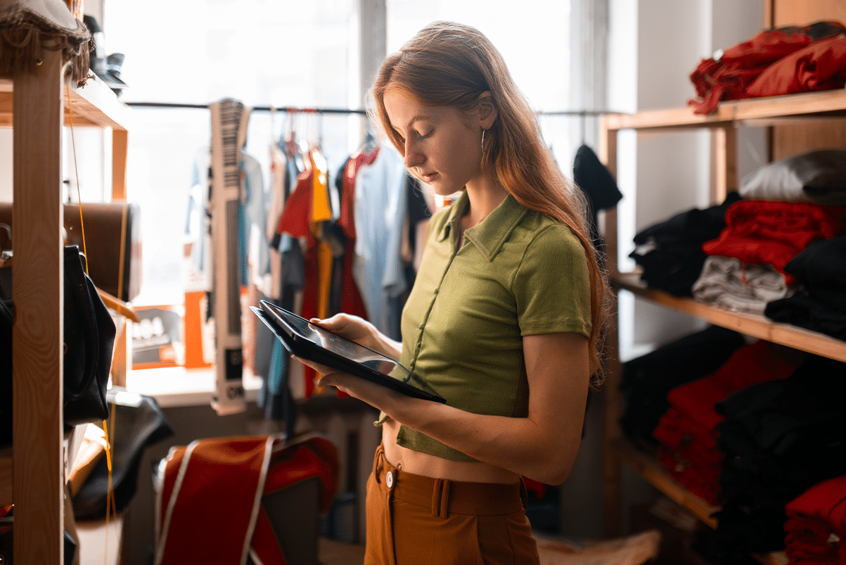 chica con tablet en tienda de ropa